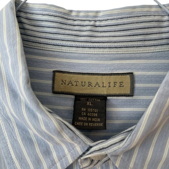 Naturalife Mens XL Blue & White Striped 100% Cotton Button-Up Long-Sleeve Shirt - Picture 2 of 5